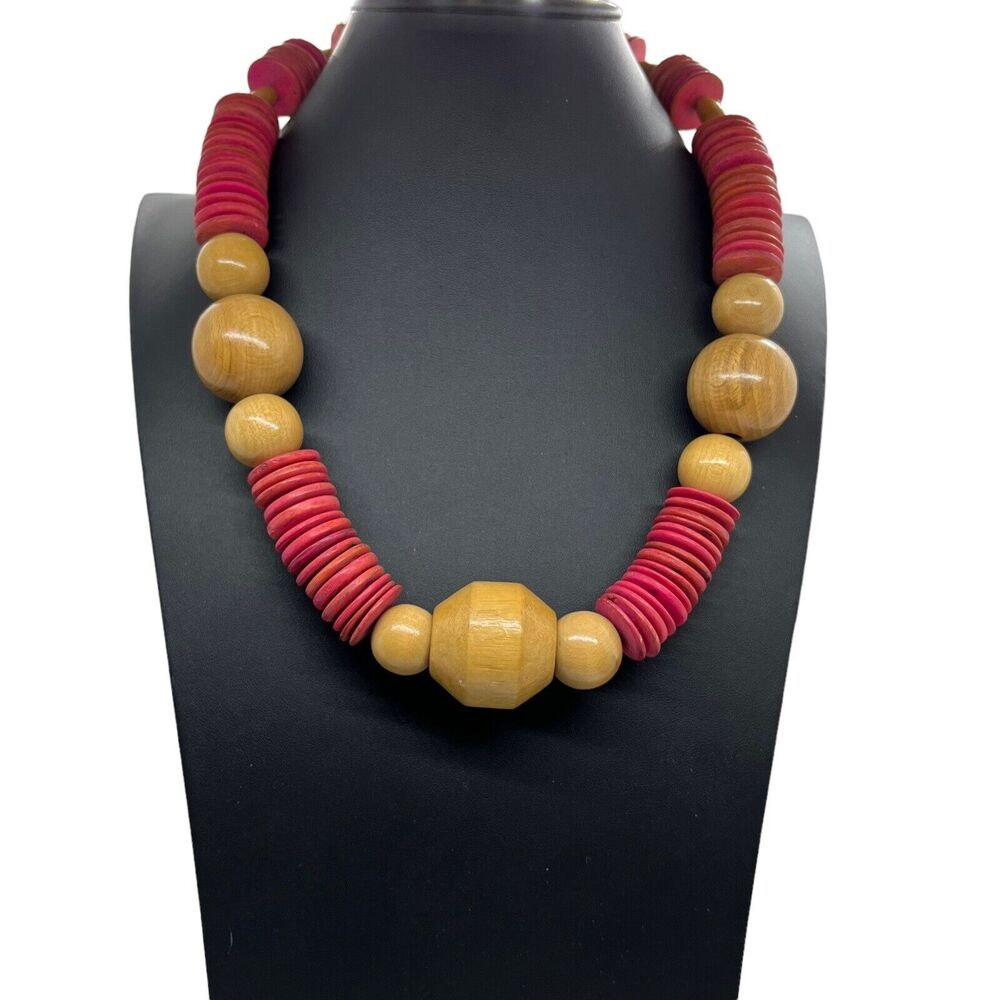 Hot Pink Wood Bead Necklace Vintage Retro 80s Natural and Pink Choker Statement